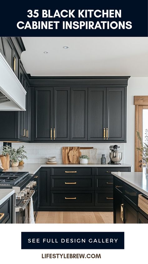 Explore these 35 amazing black kitchen cabinet ideas that effortlessly combine elegance, modern style, and functionality. From sleek contemporary designs to more traditional looks, these ideas will enhance your kitchen and transform it into a serene space anyone would admire. Discover how to incorporate black cabinets into your interior design through various color schemes, finishes, and complementary decor tips. Whether you're updating your existing decor or starting fresh, these stunning cabinet styles will help capture the beauty and sophistication your kitchen deserves. Black Cabinet Kitchen Decor, Black Cabinets With Gold Handles, Dark Cabinetry Kitchen, All Black Cabinets Kitchen, Cabinet Hardware Black Cabinets, Black And Natural Wood Kitchen Cabinets, Kitchen Wall Colors With Black Cabinets, Black Cabinet Kitchen Ideas, Modern Black Kitchen Cabinets