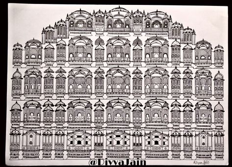 Hawa Mahal, Jaipur, Rajasthan, India Rajasthan Sketch, Hawa Mahal Sketch, Monument Mandala, Monument Sketch, Hawa Mahal Jaipur, Relief Painting, Hawa Mahal, Mandala Stencils, Easy Drawings For Kids