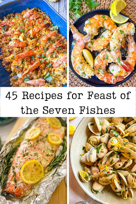 four seafood dishes prepared for Christmas eve celebration 7 Fishes Christmas Eve Recipes, 7 Fishes Christmas Eve, Seven Fishes Recipes, Christmas Eve Recipes, Feast Of Seven Fishes, Italian Christmas Dinner, Feast Of The Seven Fishes, 7 Fishes, Pescetarian Recipes