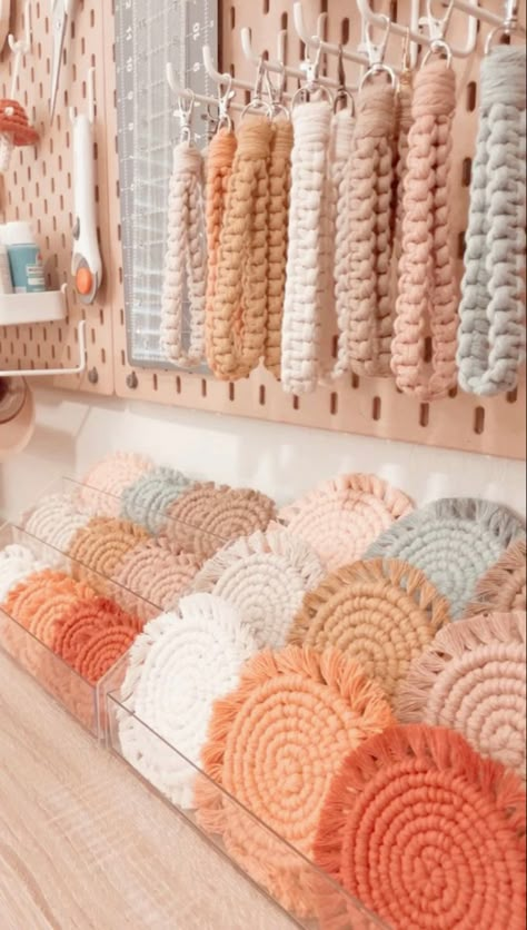 #aesthetic #coasters #bohodecoration #bohostyle #macrame #homedecoration Craft Sale Aesthetic, Boho Craft Show Display, Macrame Selling Ideas, Macrame Display Ideas, Macrame Ideas To Sell, Macrame To Sell, Macrame Crafts To Sell, Macrame Market Display, Macrame Patterns Beginner