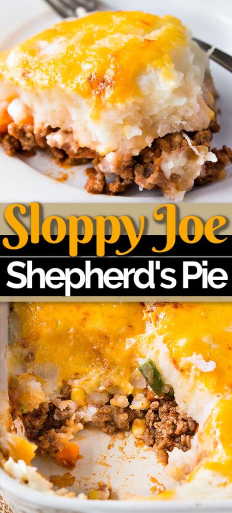 SLOPPY JOE SHEPHERD'S PIE. Comfort meals, especially on cold days call for Shepherd's Pie - Now kicked up a notch with this recipe. Sloppy Joe style, delicious and kid-approved! #shepherdspie #sloppyjoe #casserole #casserolerecipe Leftover Sloppy Joes, Shepards Pie Recipe, Sloppy Joe Casserole, Comfort Meals, Sloppy Joe Sauce, Shepherds Pie Recipe, Sloppy Joes Recipe, Easy One Pot Meals, Pot Pies Recipes