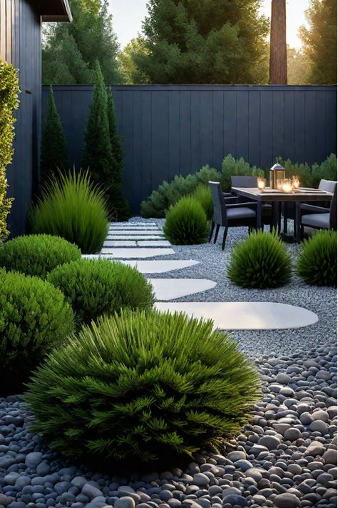 Transform your cramped backyard into a spacious oasis with these 10 clever landscaping hacks! From Drab to Fab: 10 Backyard Landscaping Ideas for Small Spaces. Click to unlock the secrets of optimizing your outdoor living area, no matter the size! #CompactBackyards #SpaceSavingLandscaping #SmallSpaceSolutions #OutdoorLivingInspiration Modern Landscaping Plants, Zeroscape Landscaping Backyards, No Grass Garden Ideas, Backyard No Grass Ideas, No Lawn Backyard, Minimalist Backyard Landscaping Design, Minimal Landscape Design, Small Landscaping Ideas, Rectangle Backyard Ideas