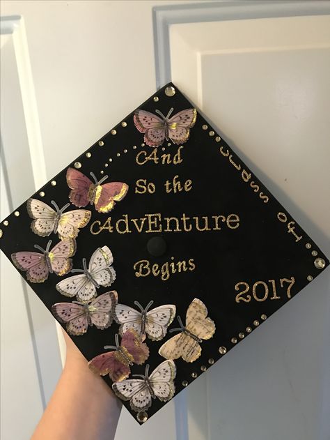 Graduation Diy Decorations, Disney Graduation Cap, Creative Graduation Caps, Disney Graduation, College Grad Cap Ideas, Grad Cap Decorated, Graduation Cap Decoration Diy, Custom Graduation Caps, Black Butterflies