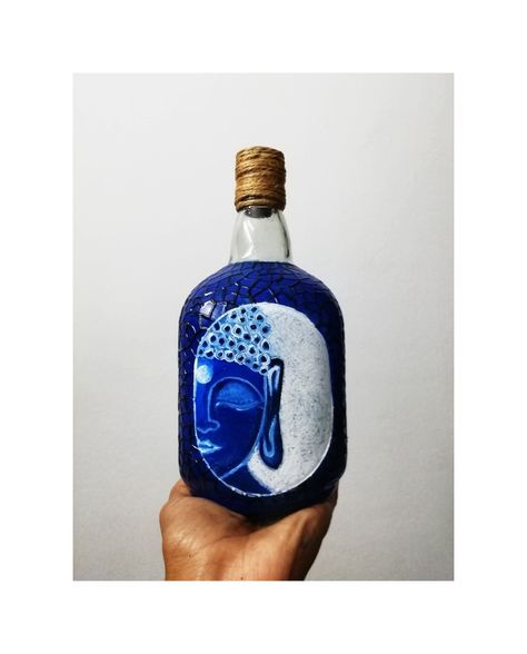 Old Monk Bottle Art Diy, Old Monk Bottle Painting, Buddha Bottle Art, Old Monk Bottle Art, Bottle Painting Ideas Acrylics, Bottle Painting Ideas, Bottles Decoration Diy, Bottle Paint, Old Monk