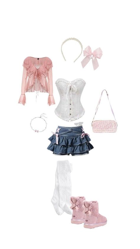 #coquette #outfitidea #idea #pink #bow #pinkbow #fluffy #skirt #y2k #corset # fairy #cardigan #anime #japan #outfit #pearls #cute #cuteoutfit Corset And Cardigan Outfit, Corset Outfit With Skirt, Pink Corset Outfit, Fairy Cardigan, Outfit With Skirt, Corset Fairy, Y2k Corset, Thrift Inspo, Fluffy Skirt