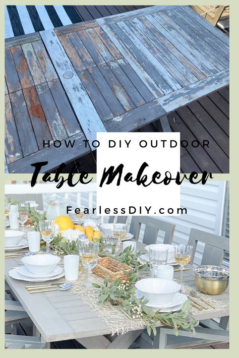 Outdoor Wood Table Paint Ideas, Refurbished Outdoor Table, Painted Outdoor Table And Chairs, Outdoor Table Upcycle, Upcycled Outdoor Table, Refinish Outdoor Table, Refurbished Outdoor Furniture, Painted Outdoor Table Ideas, Outdoor Table Painting Ideas