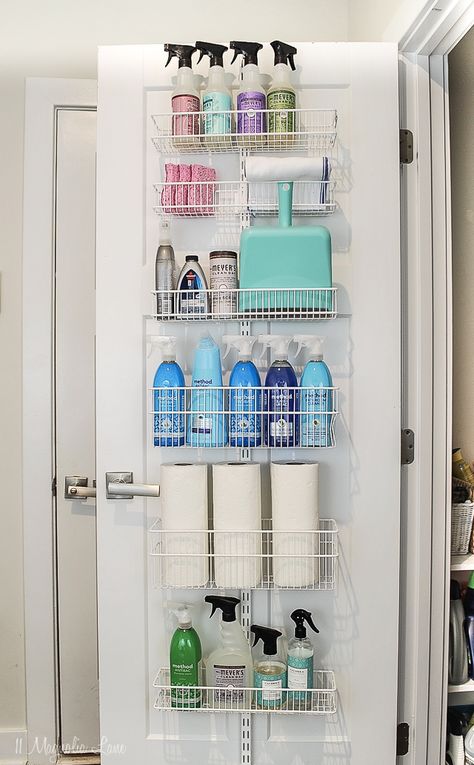 Cleaner Cabinet Organization, Small Closet Organization Hallway, Cleaning Shelf Organization, Coat Closet To Cleaning Closet, Cleaning Supplies Closet Organization, Tiny Cleaning Closet, Where To Store Mop Bucket, Organize Cleaning Closet, Cleaners Organization