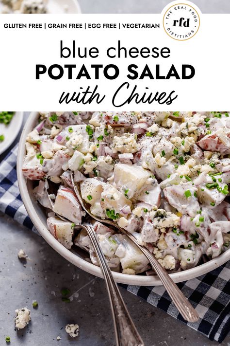 Blue Cheese Potato Salad with Chives (Gluten Free, Egg Free) Blue Cheese Potato Salad, Real Food Dietitians, Canned Potatoes, Cheese Potato, Preserving Foods, Classic Potato Salad, Gluten Free Egg Free, Cheese Potatoes, Summer Grilling