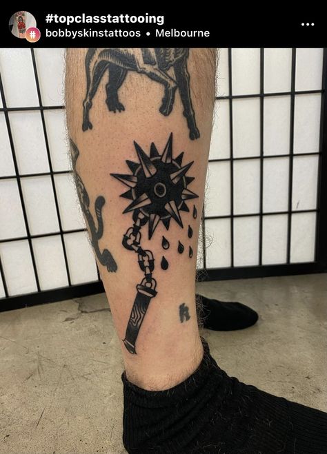 American Traditional Blackwork Tattoos, Skull Flail Tattoo, Flail Tattoo American Traditional, Traditional Flail Tattoo, Mace Tattoo Design, Mace And Chain Tattoo Design, Dark American Traditional Tattoo, Mace Tattoo Traditional, Mace Chain Tattoo