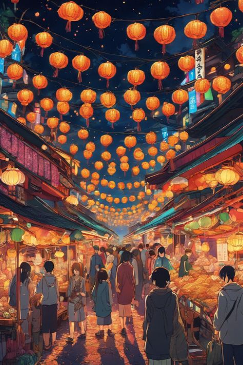 Vibrant Night Market Check more: https://paintlyx.com/vibrant-night-market-2/ Night Market Poster, Japanese Night Market, Market Scene Drawing, Night Market Illustration, Night Market Aesthetic, Thailand Night Market, Crow Story, Taiwan Night Market, Japan Street Food