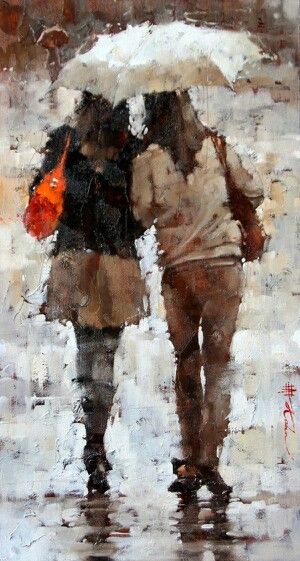 Rain Andre Kohn Painting, Andre Kohn Art, Andre Kohn, Figure Painter, Palm Desert California, Rain Painting, Rain Art, Umbrella Art, Lesbian Art