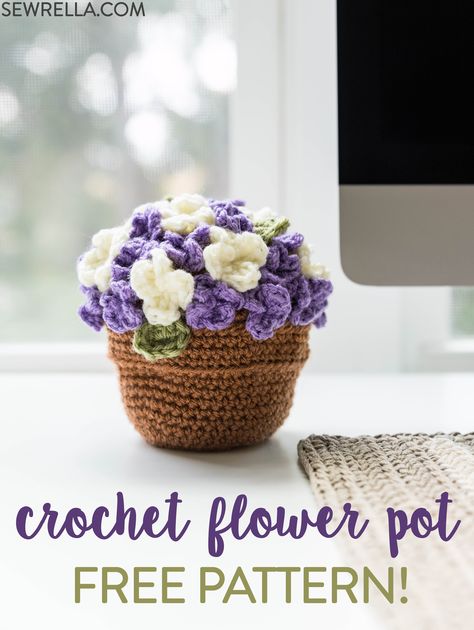 Crochet this amigurumi flower pot with simple beginner amigurumi techniques and pretty flowers! This pattern is free on my blog and the perfect gift for someone special (no green thumb required) #freepattern #crochet #flowerpot #amigurumi #flowers #giftforher Crochet Flower Pot, Crochet Puff Flower, Beau Crochet, Crochet Flowers Easy, Crochet Flowers Free Pattern, Crochet Plant, Crochet Unicorn, Crochet Simple, Crochet Home Decor