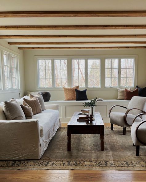 Anissa Zajac on Instagram: “Looking forward to seeing leaves on the trees soon and enjoying this room more. We added the 2x6 pine beams ( @minwaxusa early American is…” 2x6 Beams Ceiling, Pine Beams Ceiling, Wood Beam Ceiling Living Room, Cottage Lounge, Wooden Beams Ceiling, Modern Family Rooms, Airbnb House, Wood Beam Ceiling, Room Update