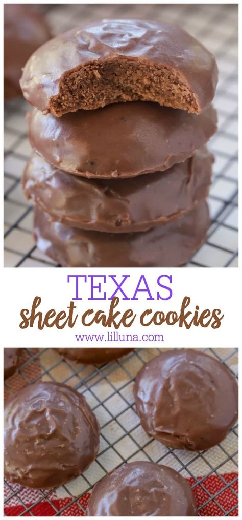 One of our favorite desserts in cookie form. These Texas Sheet Cake cookies are soft, delicious and taste just like cake. They're great for get togethers and holidays! #texassheetcakecookies #texassheetcake #sheetcakecookies Easy Chocolate Sheet Cake Recipe, Sheet Cake Cookies, Texas Sheet Cake Cookies, Perfect Sugar Cookies, Texas Sheet, Cookies From Scratch, Chocolate Cake Cookies, Texas Sheet Cake, Chocolate Sheet Cake