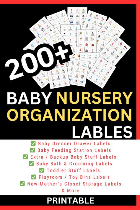 Printable nursery room organization labels for baby closet, dresser drawers, toys, and playroom. Includes labels for baby room organization, old baby clothes storage, and baby closet organization, plus a special set for organizing mom's closet. Perfect for keeping everything neat and easily accessible! Organize Baby Stuff, Nursery Room Organization, Closet Dresser, Old Baby Clothes, Organization Labels, Baby Closet Organization, Baby Nursery Organization, Diaper Storage, Drawer Labels