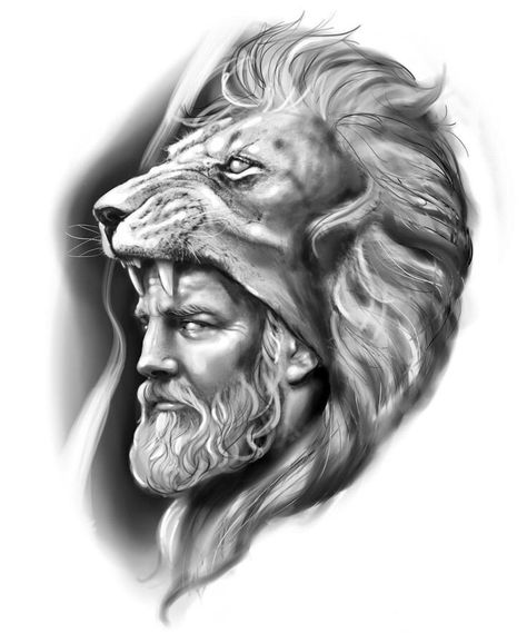 Zeus And Lion Tattoo Design, Hercules Tattoo Mythology, Hercules Tattoo Design, Hercules Tattoo, Poseidon Tattoo, Zeus Tattoo, Catrina Tattoo, Lion Head Tattoos, Statue Tattoo