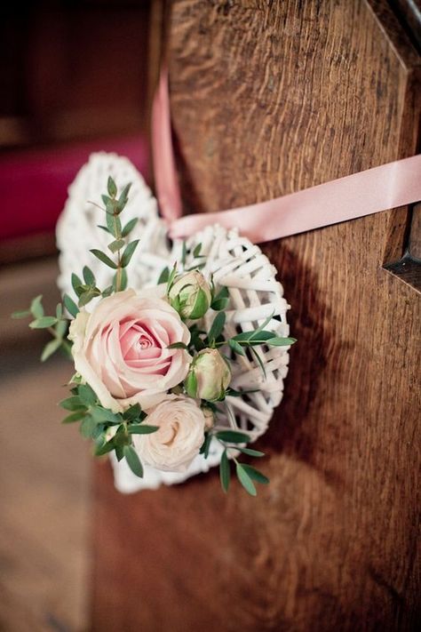 white wicker hearts decorated church wedding aisle Church Aisle Decorations, Wedding Church Aisle, Church Aisle, Pew Decorations, Wedding Church Decor, Wedding Pews, Pew Ends, Church Wedding Decorations, Wicker Hearts