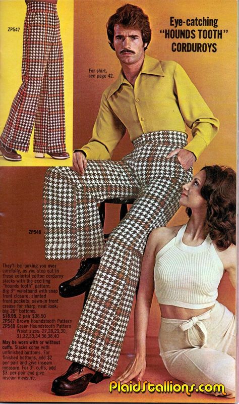 Eye catching houndstooth flares and Big collared shirts 70s Men Disco, Disco 1970s, 70s Fashion Men, 70s Mens Fashion, 70s Mode, Western Outfits Men, 70s Clothing, Disco Fashion, Outfits 70s