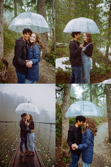 Cute happy couple just got engaged on a rainy, foggy day, holding hands under a clear umbrella Clear Umbrella Photoshoot, Rainy Day Couple Photoshoot, Rain Engagement Photos, Rainy Day Engagement Pictures, Engagement Photos In The Rain, Clear Umbrella Photography, Rainy Day Photoshoot, Couple Rain, Umbrella Photoshoot