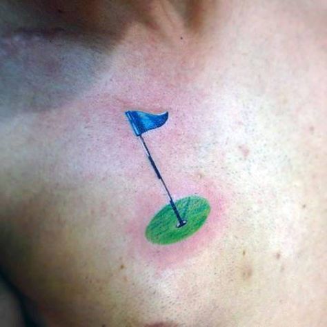 Mens Small Blue Golf Flag Tattoo Mens Chest Golf Flag Tattoo, Golf Tattoo For Women, Golf Tattoo Ideas For Men, Dad Memorial Tattoo, Golf Tattoo, Tattoo Mens, Golf Flag, Flag Tattoo, Getting A Tattoo