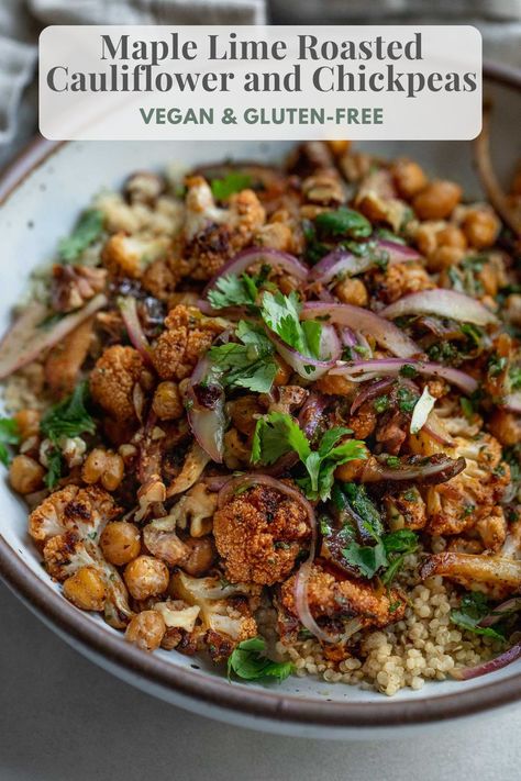 Roasted Cauliflower and Chickpeas tossed together with maple lime marinated onions. A great nutrient packed sheet pan meal easy to make during the work week. Chickpea Plant, Marinated Onions, Cauliflower And Chickpeas, Quinoa Bowls, Vegetarian Mains, Sheet Pans, Head Of Cauliflower, Autumn Recipes, Small Head