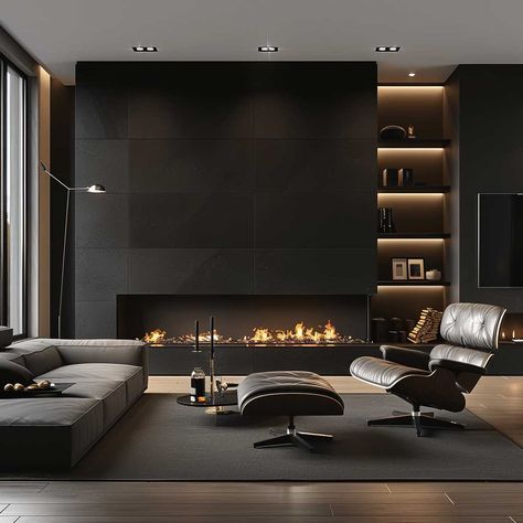 20+ Sleek Black Fireplace Wall Ideas for Bold Interiors • 333+ Art Images Tv Off Centered On Wall Fireplace, Off Center Fireplaces, 2 Story Living Room Tv Wall Ideas, Real Fireplace Makeover, Modern Fireplace Wall Living Room, Focal Wall Ideas, Lounge Tv Room, Tv Fireplace Wall Ideas, Tv Fireplace Wall