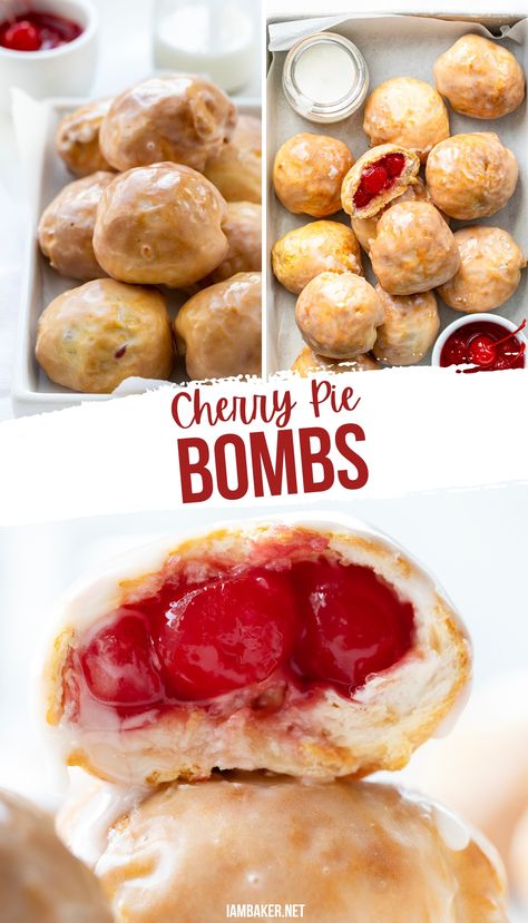 One image shows the glazed pie bombs on parchment on a silver pan, one shows the pie bobs in the same pan with a small container of glaze and a small dish of maraschino cherries, and the final image shows a cross section of a pie bomb. Cherry Pie Filling Recipes, Cherry Pies, Pie Filling Recipes, Dessert Bites, Cherry Desserts, Food Hub, Cherry Recipes, Flaky Crust, Cherry Pie Filling