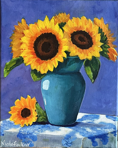 8x10 original acrylic painting. As an Academy of Fine art and Acrylic Painting with Ginger Cook, Nicole takes advantage of "personal art coaching". Sunflower Vase Drawing, Flower Vase Painting Easy, Simple Sunflower Painting, Simple Flower Painting Acrylics, Easy Sunflower Painting, Flowers Painting Acrylic, Flower Vase Painting, Painting Flowers Tutorial, Creation Art