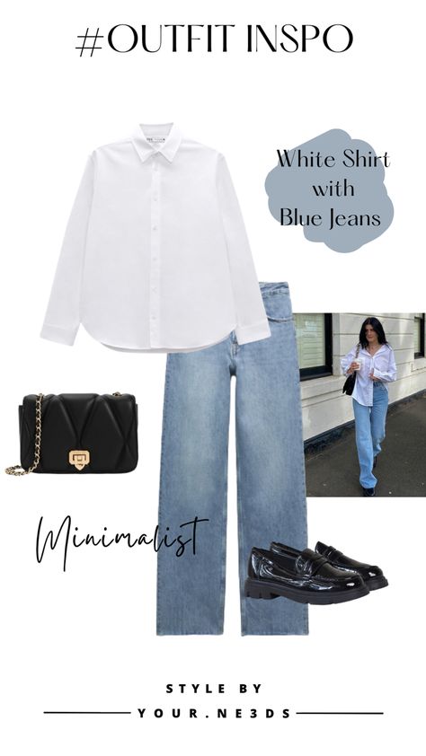 Outfit ideas White Shirt Blue Jeans Outfit Women Casual, Outfit Jeans Biru, White Shirt With Blue Jeans, Ankle Jeans Outfit, Dark Blue Jeans Outfit, Outer Outfit, Kulot Pants, Casual White Shirt, White Shirt And Blue Jeans