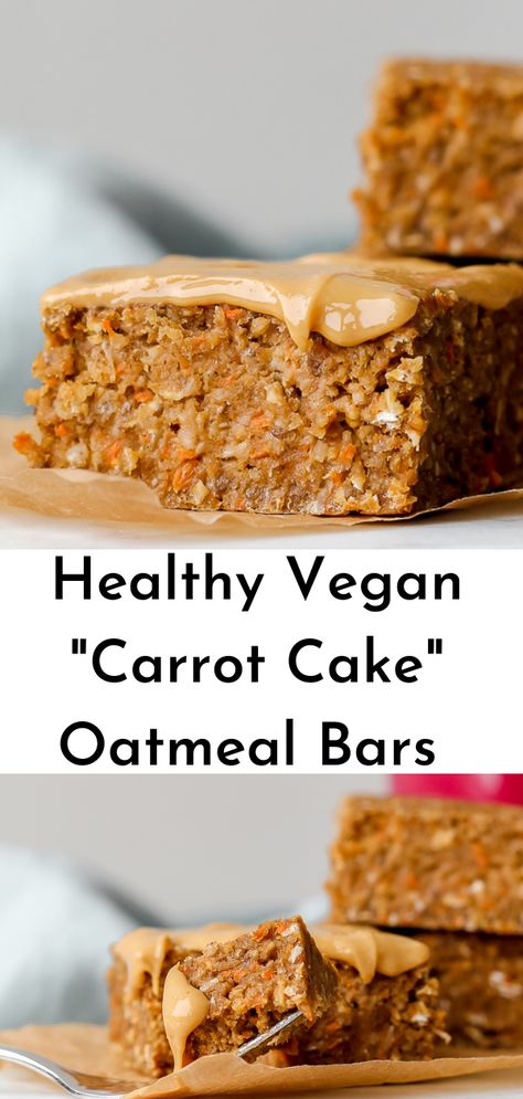 Shake up your breakfast routine with these healthy vegan "carrot cake" oatmeal breakfast bars. They're made entirely in the food processor for easy clean-up. Take them over the top by spreading with some nut butter or a mix of yogurt and maple syrup for a healthy twist on cream cheese frosting! Vegan Carrot Cake Oatmeal, Oatmeal Breakfast Bars Healthy, Breakfast Bars Healthy, Vegan Carrot Cake, Oatmeal Breakfast Bars, Vegan Baking Recipes, Carrot Cake Oatmeal, Healthy Bars, Vegan Carrot Cakes