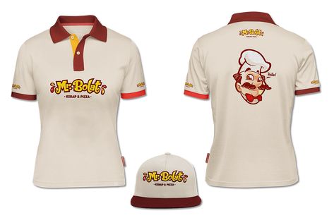 | Mascot logo design for fast food restaurant Cafe Tshirt Uniform, Cafe T Shirt Uniform Design, Uniform Restaurant Design, Uniform Logo Design, Uniform Shirt Design, Restaurant Uniforms Trendy, Uniform Cafe, Polo Shirt Design Uniform, Food Shirt Design