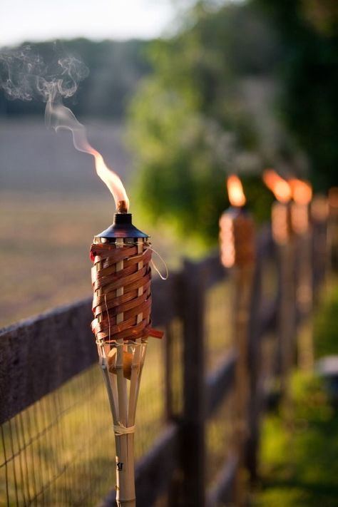 Offer lighting while keeping the bugs away with citronella tiki torches. Diy Outdoor Party Decorations, Tiki Torches Backyard, Halloween Sweet 16, Bonfire Ideas, Garden Party Decorations Diy, Diy Outdoor Party, Diy Garden Party, Backyard Party Decorations, Luau Decorations