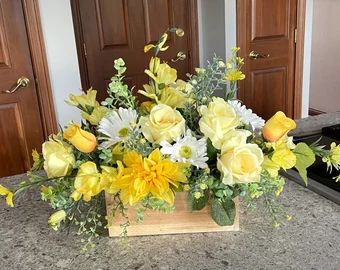 DoorWreathsbyAnne | Etsy Silk Flower Decor, Spring Table Centerpieces, Yellow Hydrangea, Table Floral Arrangements, Table Flower Arrangements, Spring Farmhouse, Spring Floral Arrangements, Table Flower, Hydrangea Purple