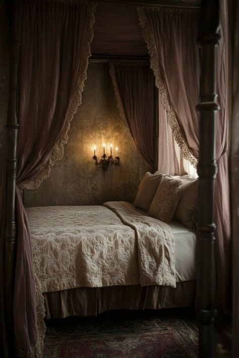 Romantic Gothic Home Decor, Moody Romantic Bedroom, Dark Romantic Bedroom, Dark Academia Room Ideas, Moody Bedroom Decor, Romantic Bedroom Ideas, Dark And Moody Bedroom, Romantic Bedrooms, Shabby Bedroom