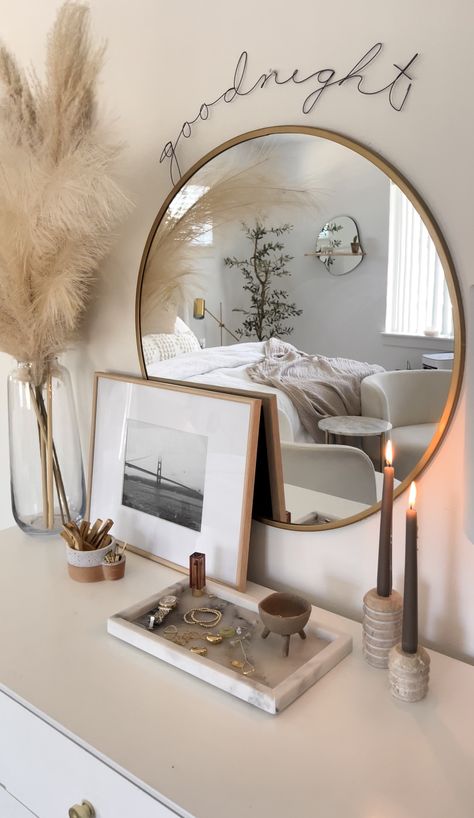 Decor For Dresser Top Bedrooms, Mirror Over Dresser Bedroom, Single Woman Bedroom Ideas, Top Of Dresser Decor, Fsu Dorm, Nightstand Inspiration, Dresser Top Decor, Dream Environment, Front Room Decor