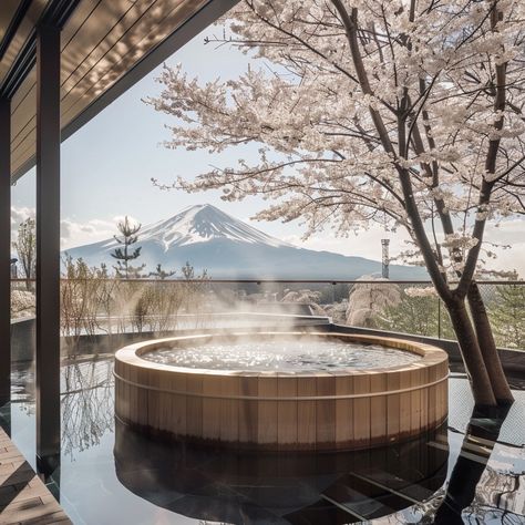 "Serene #OnsenView: A tranquil onsen experience with a stunning view of #Fuji amidst the #Sakura. #Relaxation #Tranquility #AIArt #AIPhoto #Stockcake ⬇️ Download and 📝 Prompt 👉 https://stockcake.com/i/serene-onsen-view_548787_885009" Onsen Aesthetic, Private Onsen, Sunset Landscape Art, Onsen Bath, Onsen Japan, Japanese Onsen, Tokyo Aesthetic, Airbnb Promotion, Mountain Silhouette