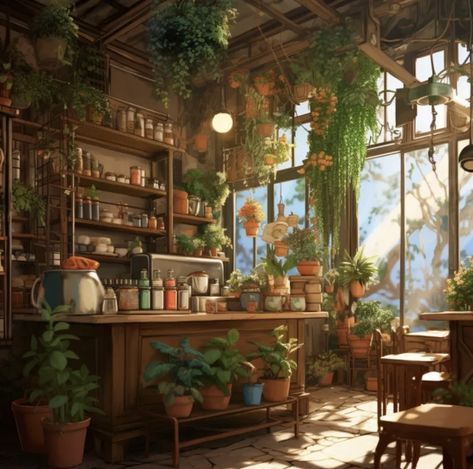 Fantasy Cafe Concept Art, Fantasy Shop Art, Anime Coffee Shop Aesthetic, Fantasy Coffee Shop, Gothic Cafe, Aesthetic Illustrations, Anime Coffee, Rustic Cafe, Fantasy Shop