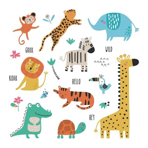 Seamless childish pattern with cartoon jungle animals Safari Baby Girl, Creative Nursery, Jungle Animal Art, Jungle Illustration, Tropical Animals, Sports Graphic Design, Jungle Animals, Safari Animals, Animal Illustration