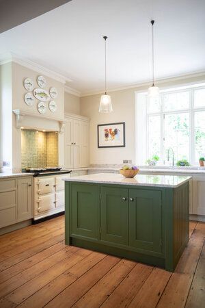 Olive Green Kitchen Island, Kitchen Color Themes, Olive Kitchen, Olive Green Kitchen, Green Kitchen Island, Freestanding Kitchen Island, Olive Colour, Fixer Upper Kitchen, Green Kitchen Cabinets