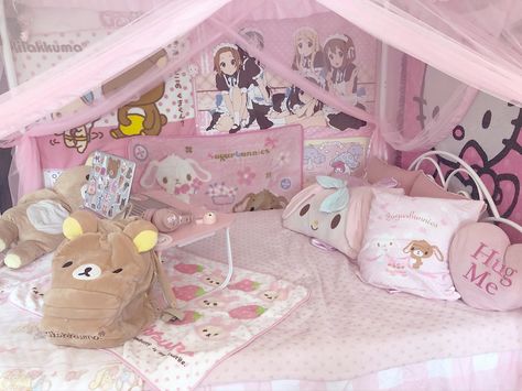 Cute Core Room, Kawaiicore Bedroom, Cutecore Bedding, Kawaii Core Bed, Loft Bed Room Kawaii, Kawaii Bedroom, Kawaii Bedding For $40, Pink Room Decor, Hello Kitty Rooms