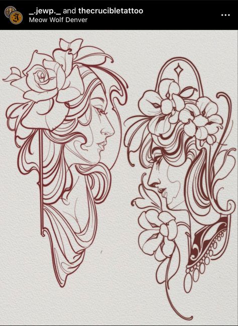 Art Deco Woman Tattoo, Neotrad Lady Face, Neo Romanticism Tattoo, Artneuvo Design, Neotraditional Tattoo Design Sketch, Art Noveau Tattoos Women, Neo Trad Leaves, Art Nouveau Tattoo Woman, Neo Trad Flash