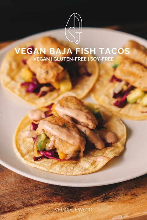 The BEST Vegan Baja Fish Tacos! Loaded with citrus cabbage slaw, mango-avocado ceviche, and Puerto Rican mayo-ketchup. Vegan | Gluten-free | Soy-free Raw Veggie Snacks, Vegan Fish Tacos, Avocado Ceviche, Vegan Burritos, Vegan Seafood, Vegan Shrimp, Bar Bites, Vegan Meat Substitutes, Baja Fish Tacos