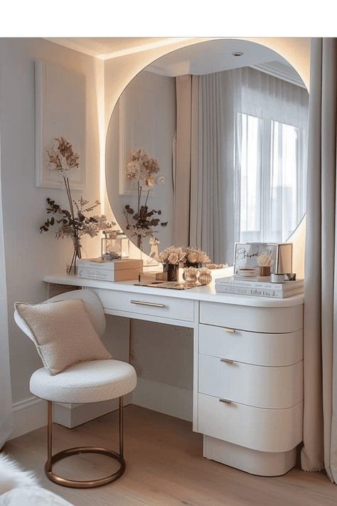 Built In Vanity In Bedroom Master Suite, Dressing Table Ideas Modern Luxury, Stylish Dressing Table, Dressing Table Ideas, Mirror Dressing, Chic Dressing, Stylish Bedroom Design, Dressing Table Design, Bedroom Dressing Table