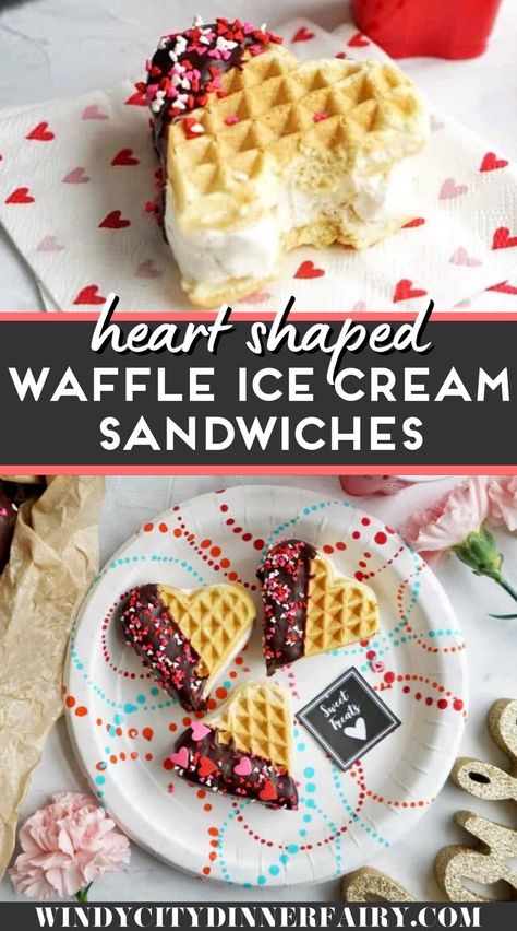 Heart Ice Cream, Valentine Sandwiches, Ice Cream For Breakfast Day, Kids Valentines Party Food, Ice Cream Sundae Party, Waffle Ice Cream Sandwich, Ice Cream Taco, Valentines Party Food, Ice Cream For Breakfast