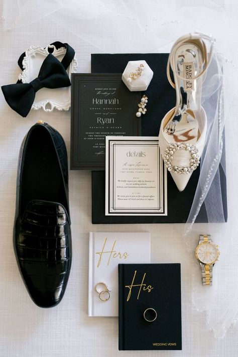 The stage was set for an elegant, black and white affair with a stunning contemporary invitation suite with mixed fonts. Vow booklets featured a delicate gold font detail. #weddinginvites #vowbooks #weddingshoes #weddingaccessories #weddingjewelry Detail Wedding Pictures, Photoshoot Accessories, Groom Prep, Groom Details, Wedding Details Photography, Wedding Photography Styles, Future Wedding Plans, Black White Wedding, Wedding Prep