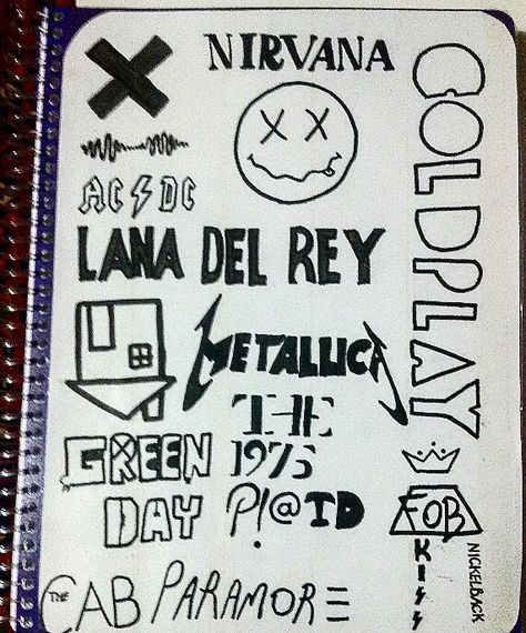 Album logo notebook handmade. Metallica,nirvana,coldplay,paramore,lana del rey,green day,arctic monkeys,the1975,panic at the disco,fall out boy,nickelback,metal Lana Del Rey Green, Nirvana Drawing, Nirvana Logo, Album Logo, Music Doodle, Monkey Drawing, Iphone Wallpaper Texture, Notebook Handmade, Doodle Paint