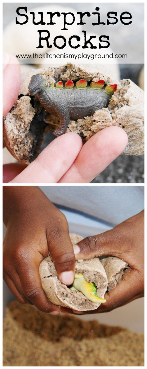 DIY Surprise Rocks {Fossil Rocks} ~ So cool for a pretend dinosaur dig! Or fill with a different toy for a fun treat. www.thekitchenismyplayground.com Diy Archeology Dig, Fossil Dig For Kids, Diy Fossil Dig, Fossil Rocks, Diy Fossils, Dino Theme, Dinosaur Dig, Dinosaur Activities, Diy Treats