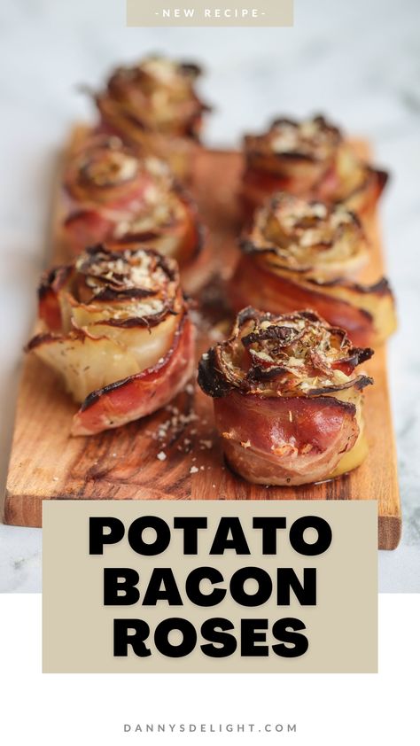 Bacon and Potato Roses provide a delicious and stunning way to serve up a meal. Crisp pieces of bacon are rolled up with thinly sliced potatoes to create an impressive 'rose' shape. The bacon adds a smoky flavor and crunch that pairs wonderfully with the soft and tender potatoes. Together, they make a savory combination that will delight the taste buds. Potato Roses, Bacon And Potatoes, Bacon Wrapped Potatoes, Bacon Roses, Cheesy Bacon Potatoes, Potato Bacon, Bacon Roll, Bacon Potato, Crowd Pleasing Appetizers