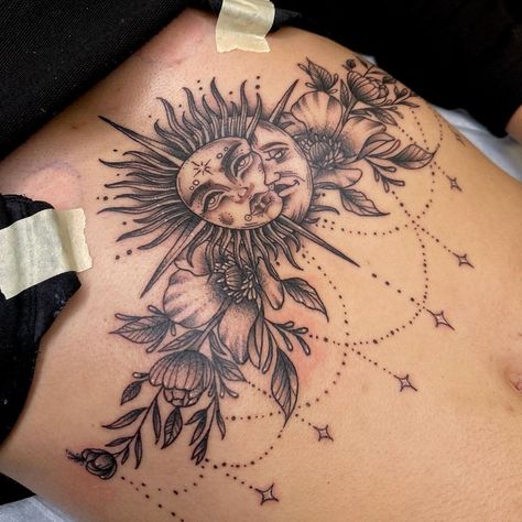 Sun and Moon sternum tattoo I designed for a client a little while ago. (Swipe right for more)✨ | Instagram Stomach Sternum Tattoos Women, Women’s Tummy Tattoos, Sun Moon Chest Tattoo, Sun And Moon Chest Tattoo Female, Celestial Underboob Tattoo, Sternum Tattoo Women Mandalas, Sternum Tattoo Cover Up, Underboob Tattoos For Women Unique, Moon Sternum Tattoo Women