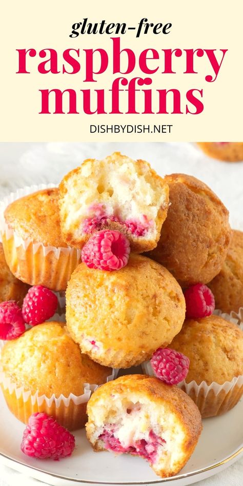 Moist and tender, these gluten-free raspberry muffins are flavored with citrus lemon and studded with fresh raspberries. Perfect for breakfast, an anytime snack, or a light dessert! Totally dairy-free too! Go bake a batch today! Raspberry Muffin Recipes, Lemon Raspberry Muffins, Light Dessert, Muffin Papers, Raspberry Muffins, Homemade Almond Milk, Lemon Muffins, Fresh Raspberries, Light Desserts